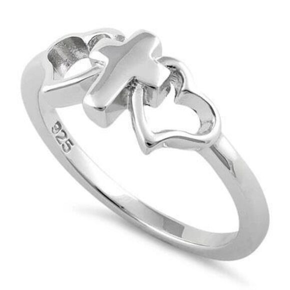 Sterling Silver Cross with 2 Hearts Ring - Picture 1 of 4